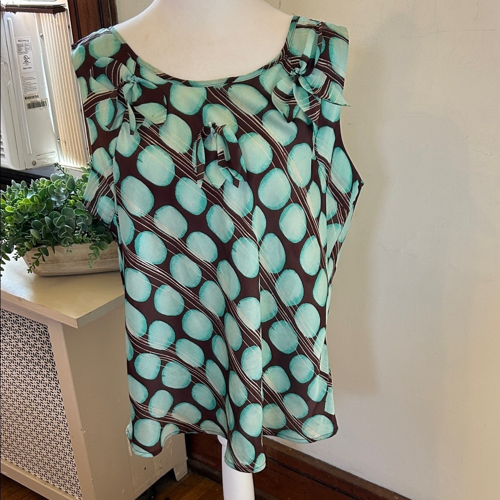 Zac & Rachel turquoise brown Sleeveless Polka Dot Blouse Size XL EUC